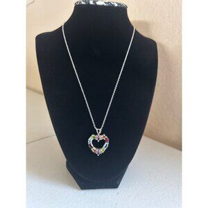 Sterling Silver Heart Pendant Necklace With Multi-Gemstones & 18" Chain